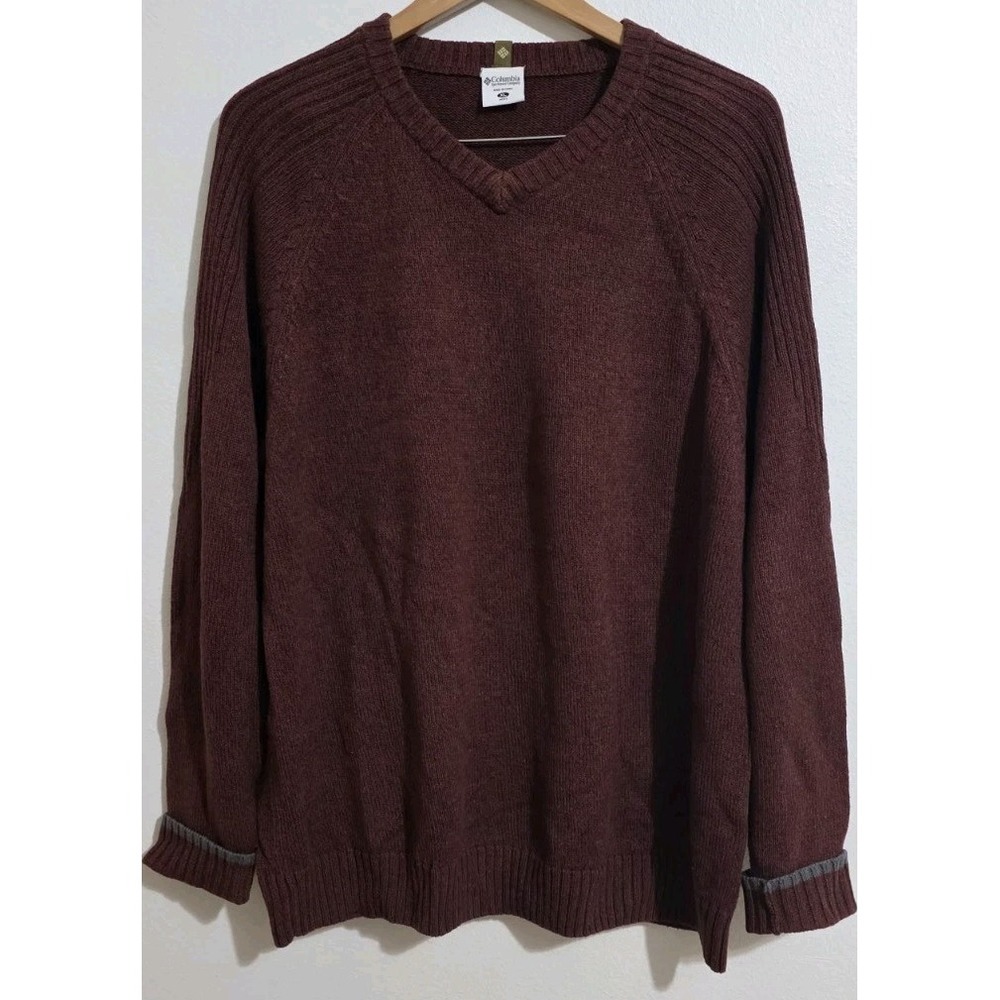 Columbia Sweater V-Neck Long Sleeve Ribbed Knit Thick Rust Red Mens Sz XL
